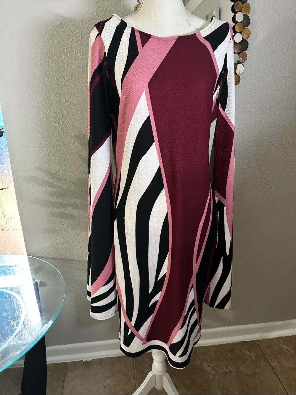 Ashley Stewart Pink, Burgundy & Black Abstract Long Sleeve Shift Dress